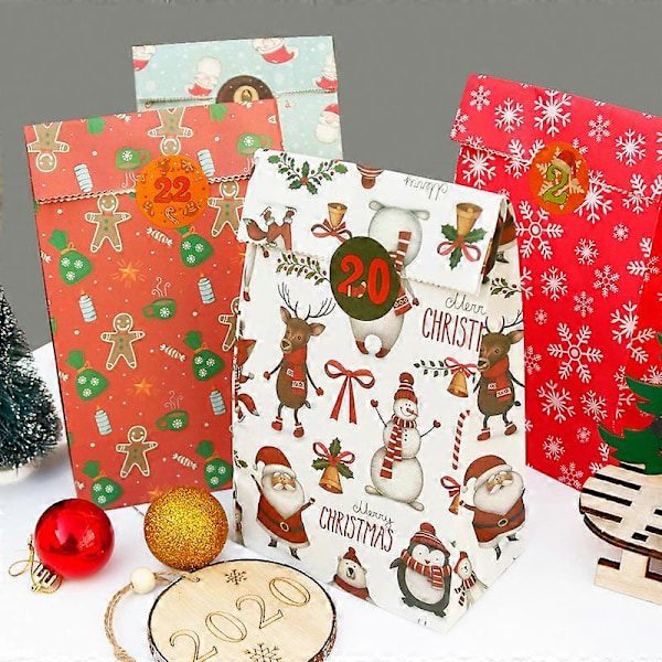 24 stk Julepapirposer Multipakke, Juleposer Små Gaveposer med Tetningsklistremerker, Julerisposer Festposer Godteribehandler Gave