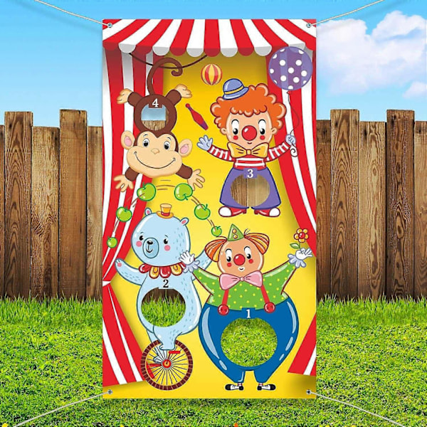 Kastspel med karnevalclown-banner och bönpåsar för barn och vuxna på karnevalsfest