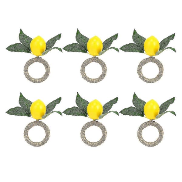 Servietringe Sæt Med 6, dekorative Servietringe med Citronranke og Blade, Gul Serviet B til Spisebordsdækning