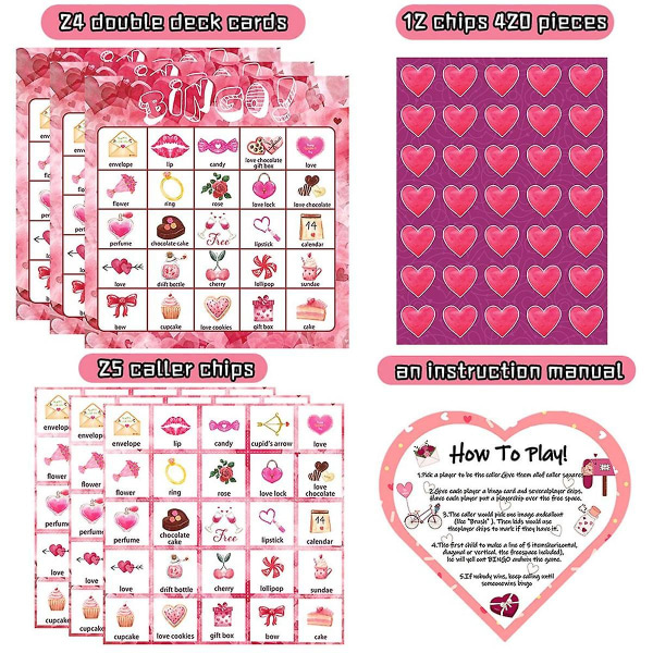 Valentinsdag bingospillkort 24 spillere for barn Festkortspill, skoleklasseromsspill, kjærlighet