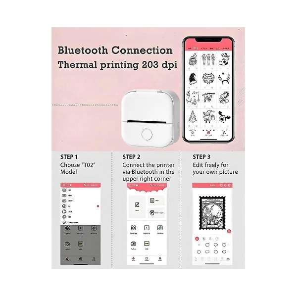Mini-lommeprinter, ny opgradering hurtig udskrivning bærbar mini termisk printer, trådløs Bluetooth fotoprinter (hvid)