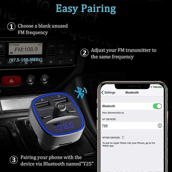 Bluetooth FM-sender, Bluetooth 5.0 Bilradioadapter MP3-afspiller Trådløst Håndsfrit Sæt, Cigarettænderoplader med Dobbelt USB-porte 5V/2.4A1A,s