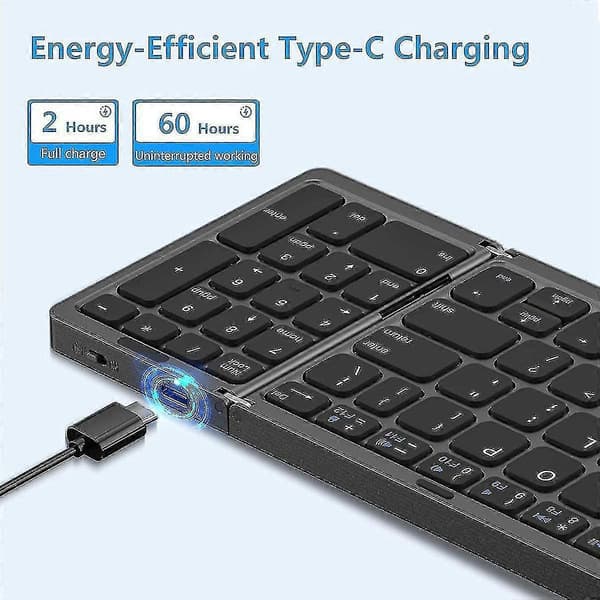 Sammenleggbart, USB-oppladbart trådløst tastatur for iOS, Android, Windows PC Laptop Smartphone - svart