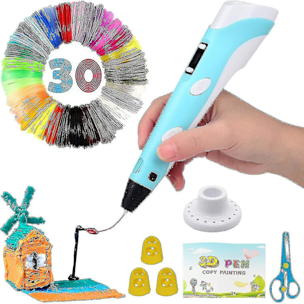 Intelligent 3D-pen med LED-display, 3D-printpen med USB-opladning, 30 farver PLA-filamentrefill, kompatibel med PLA-HYJ