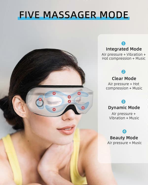 Øjenmassager med varme, vibration og musikfunktion, luftkompression af massagebrillerne