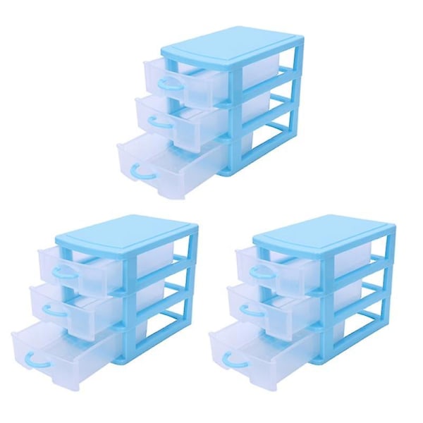 3x mini-gjennomsiktig skufftype plastoppbevaringsboks (blå 3 lag)