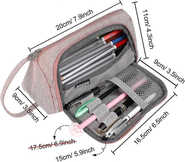 Pencilveske med stor kapasitet, multifunksjonell lerretspose, slitesterk organizer, kosmetikkpose (rosa)