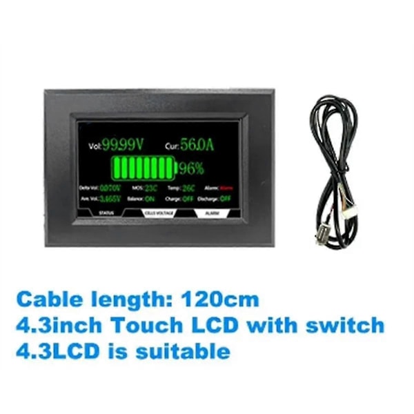 Jkbms Lisätarvike 4,3 tuuman LCD-näyttö Sopii kaikkiin Jk Bms -malleihin Kaapeli 120 cm ja 4 kiinteää ruuvia Älykäs Jkbms-lisätarvike