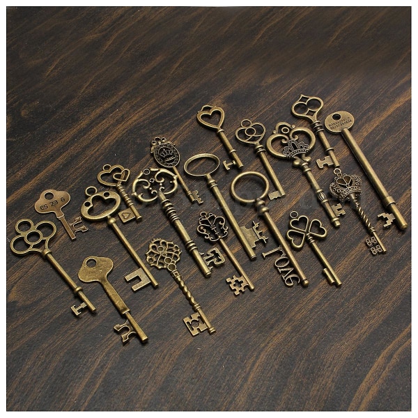 Set av 18 antik vintage gammal look brons skelett nyckel hjärta rosett lås hänge