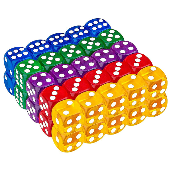 50-pack 14 mm genomskinlig och solid 6-sidig speltärning för brädspel, aktivitet, kasinotema, undervisning i matematik