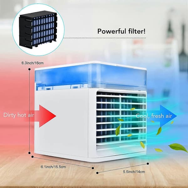 Mini Airconditioner, 3 i 1 Bærbar Mini Luftkøler, Luftkøler & Luftfugter Ventilator & Luftrenser med 3 Justerbare Hastigheder 7 LED-lys