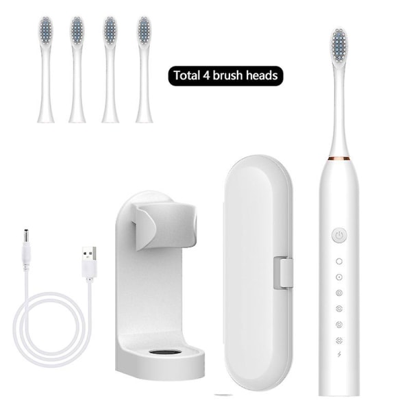 Sonic elektrisk tandborste, uppladdningsbar vattentät partandborste för vuxna, mjukt hår för vuxna, 4 borsthuvuden + fäste + reseförvaringslåda