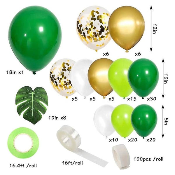 134 stk. Jungle Party Ballonbue Grøn Ballon Dekoration, Med Kunstige Tropiske Palmblade Til