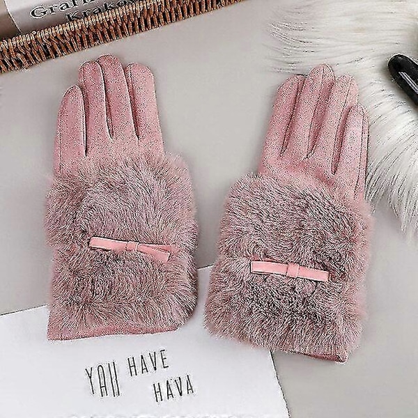 Mode dam vinter varm mocka läder pekskärmshandske kvinnlig fusk kaninpäls broderi plus sammet tjocka körhandskar h92 S16 rosa