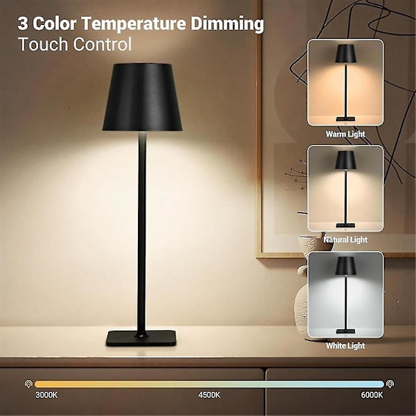 Moderne LED Bærbar Trådløs Bordlampe, USB Genopladelig Touch Skrivebordslampe, 3 Farver & Trinløs Dæmpning Sengelamper Sort