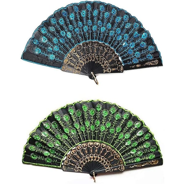 Mode Peacock handhållen fläkt Vikbara handfläktar med paljetter Blommönster för kvinnor och flickor (blå+grön 2st)