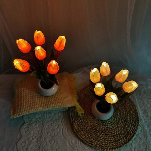 Tulipanlampe, Simulert Tulipannattlys for Stue Soverom med Vase, Bordlampe Ornamenter for Hjem Stue Dekor (Rosa)