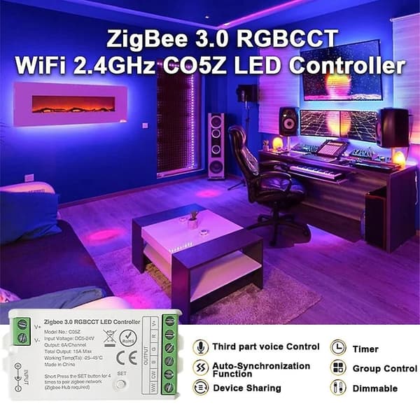 Zigbee 3.0 WiFi LED Controller 2.4GHz RGBCCT LED Strip Tuya Gateway Hue Bridge Stemmestyring DC5V-24V