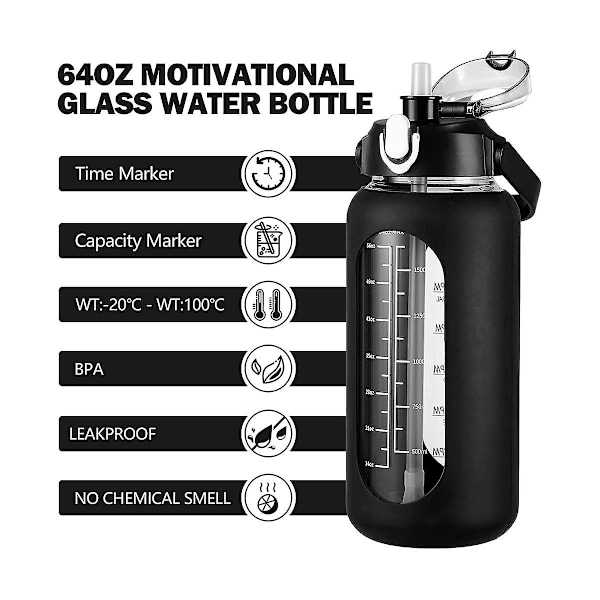 64 Oz Glasvattenflaskor med sugrör, glasflaska med silikonfodral och tidsmarkering, för gym och hem