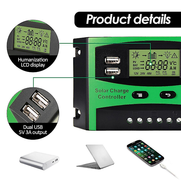 30A 12V 24V Solarkontroller LCD Funktion Dobbelt USB 5VDC Udgang Solceller Panel Batteri Opladningsreg