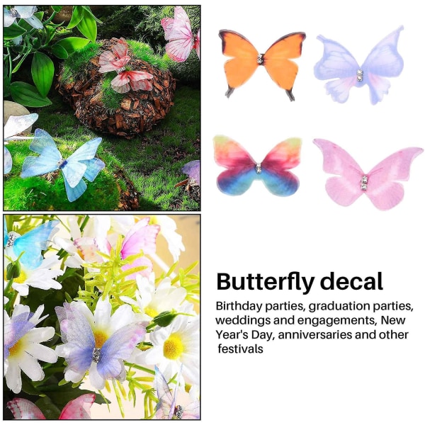 50 STK Gradient farge Organza stoff sommerfuglapplikasjoner 38 mm gjennomskinnelig chiffon sommerfugl for festdekor, dukkepynt