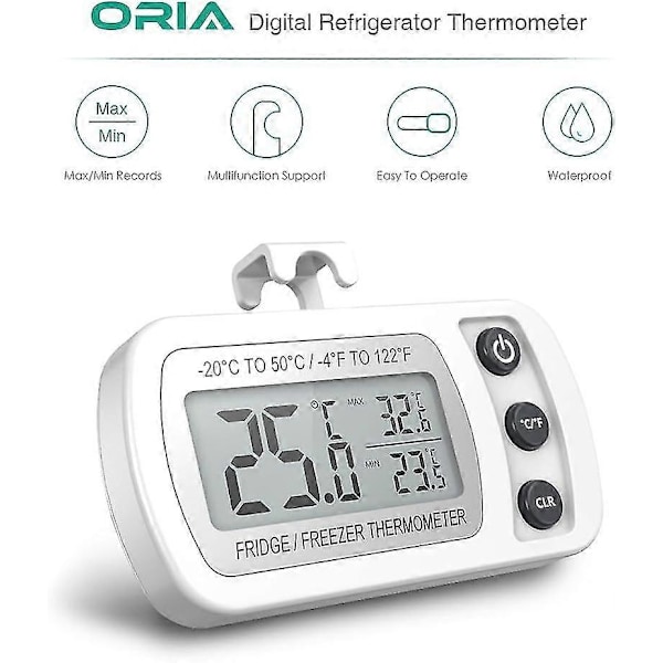 Køleskabstermometer LCD Display Digitalt Vandtæt Frysetermometer med Magnetisk Krog Køleskabstermometer 2 Hvid (-20 ~ 50 ) -