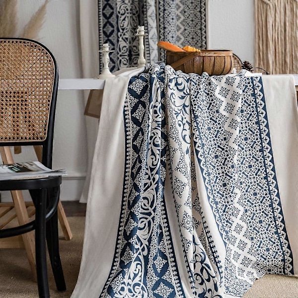 Bordduk, 100% bomull og lin Boho rektangulær duk, håndblokktrykt blomstrete duk for spisebordsselskaper, bryllup, jul, utendørs,