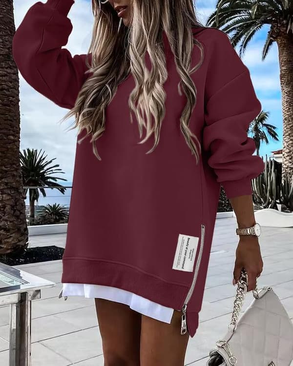 ChicMe 2025 Dame Langærmet Pullover Sweatshirt Lynlås Slids Afslappet Kjole Drop Shoulder Oversized Outfit Army Green L