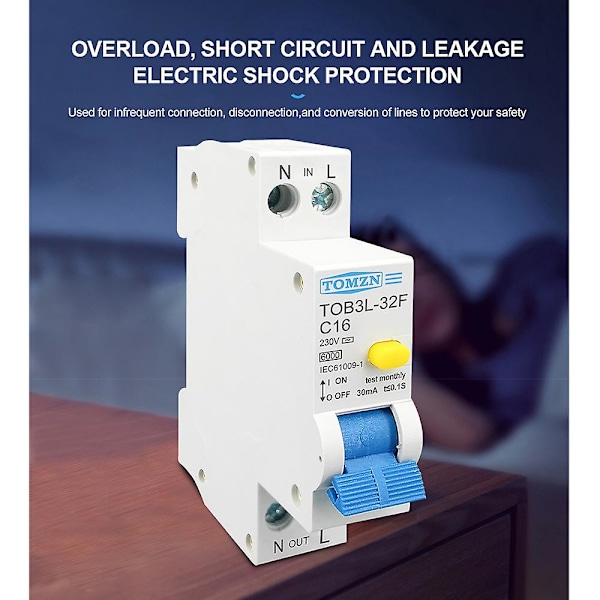 18MM 230V RCBO 1P+N 6KA Restströmdifferentiell Automatsäkring med Överström