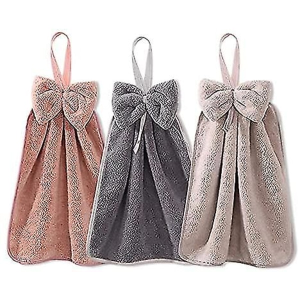 3 Pcs Bow Towels With Hanging Loops - Microfiber Coral Fleece Hanging Towelettes For Bathroom And Kitchen, Super Soft And Highly Absorbent