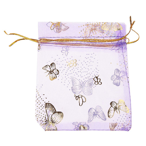 100 stk. Butterfly Snørepose Organza Bryllupsgave Smykker Slikpose Tasker Lilla