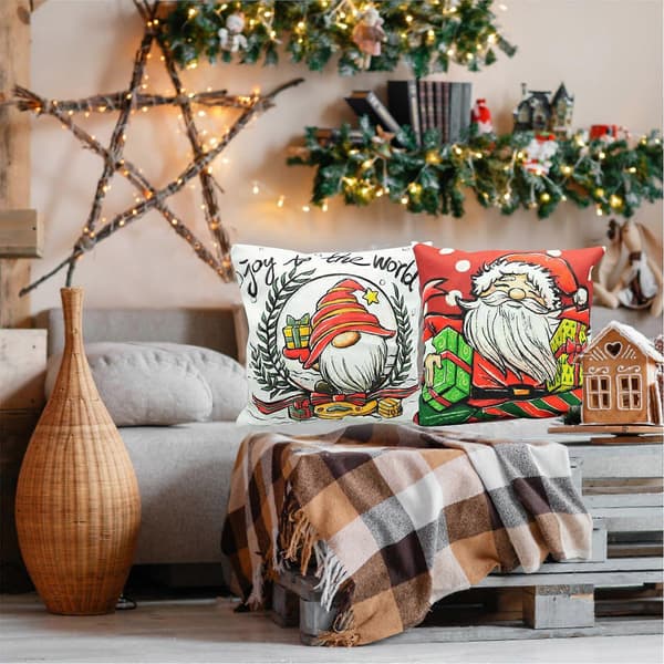 Jul Kuddfodral Set Linne Tryckta Jultomte Kuddfodral för Vardagsrum Soffa Hem Sovrum