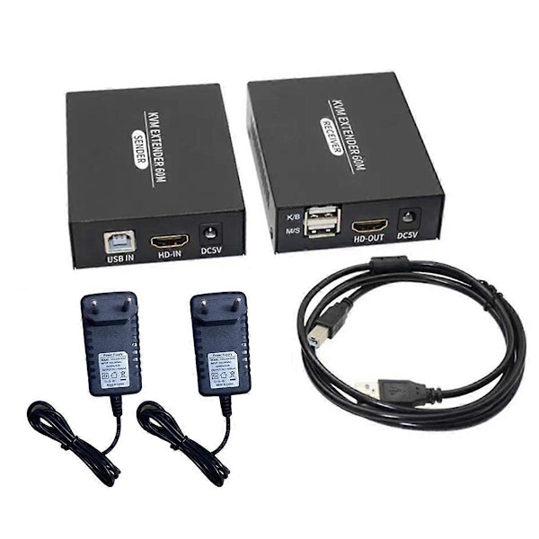 60M -Kompatibel KVM-forlenger -Kompatibel USB KVM Ethernet-forlenger Sender Mottaker EU-plugg