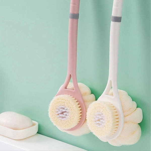 2 I 1 Langhåndtert Myk Ryggskrubber med Børster og Loofah for Vått eller Tørt