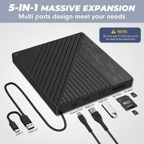 Extern DVD-enhet, USB DVD-enhet, Extern DVD-enhet för PC med SD/TF-kortläsare för PC, Laptop