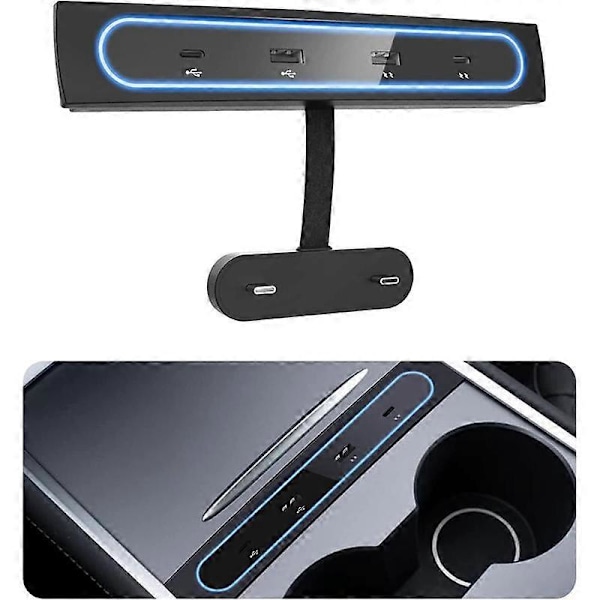 USB-lader med flere porter til bil for Tesla Model 3/Y 2021 2022 Tilbehør USB-hub med blå LED-lys Senterkonsoll-adapter
