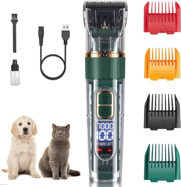 Lav Støj Hundehårstrimmer med LED-display til Tykke Hundepelse (Grøn)