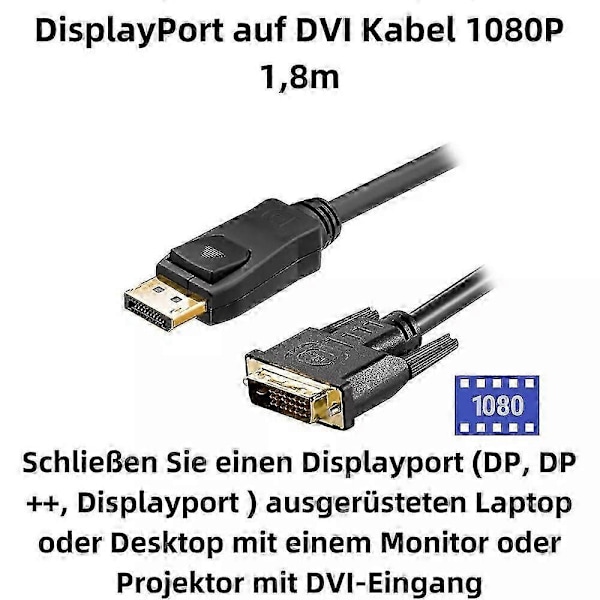 DisplayPort till DVI-kabel 1,8m 1080P DP till DVI-omvandlare för Monitor