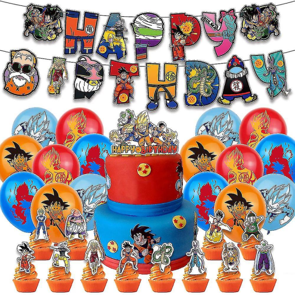 Dragon Ball Anime-tema dekoration til børnefødselsdagsfest, tillykke med fødselsdagen banner, latexballoner, kage/cupcake toppers, Super Saiyan festartikler