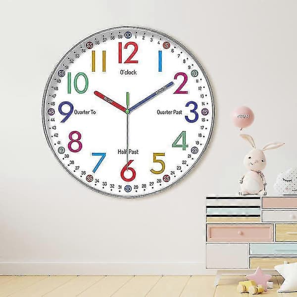 Analog Lärklocka för Barn - Barnväggklocka - Pedagogisk Väggklocka, Diameter 30cm Lärurtavla, Tyst-hao