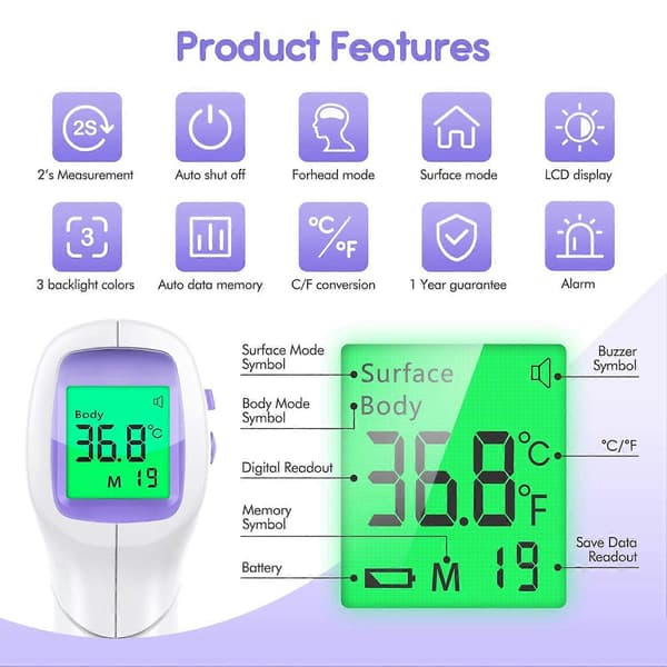 Pannetermometer for voksne, kontaktløst termometer med LCD-skjerm, infrarødt pannetermometer