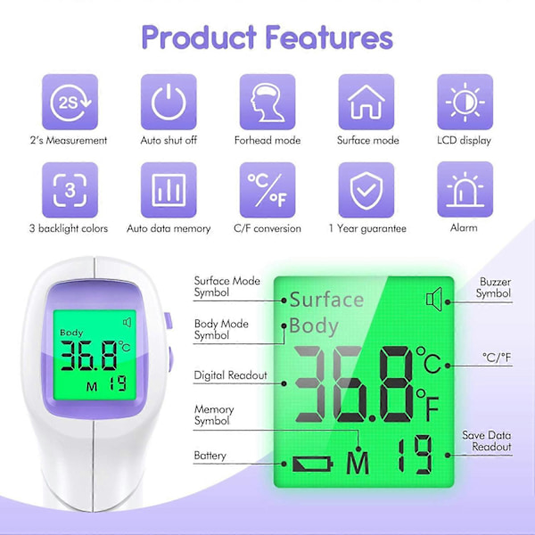 Panntermometer för vuxna, kontaktfri termometer med LCD-display, infraröd panntermometer