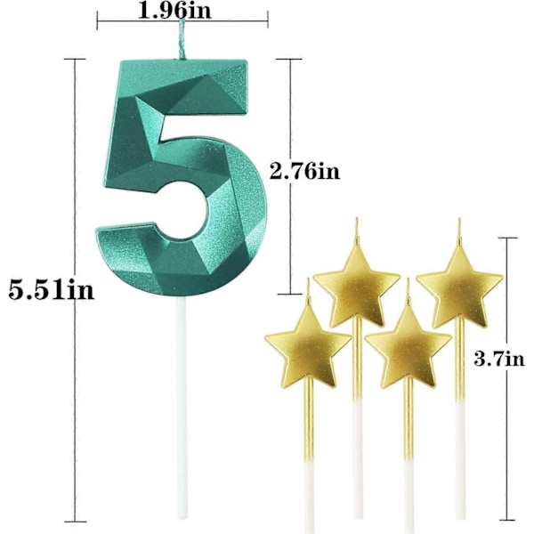 Grøn Nummer 5 Fødselsdagslys og Stjerne Fødselsdagslys 7 cm Fødselsdagskagelys 3D Diamantformede Lys er Velegnede til Fødselsdagsfester
