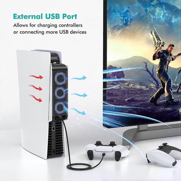 PS5 Køleblæser med LED-lys, Stille Blæser med 3 Blæsere og Controller USB-port Kompatibel med PS5 Digital/disk Edition