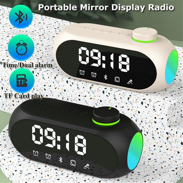 Kannettava mini-Fm-radiovastaanotin Hifi-ääni Rgb Bluetooth kaiutin kellolla, kaksoisherätyskellon tuella