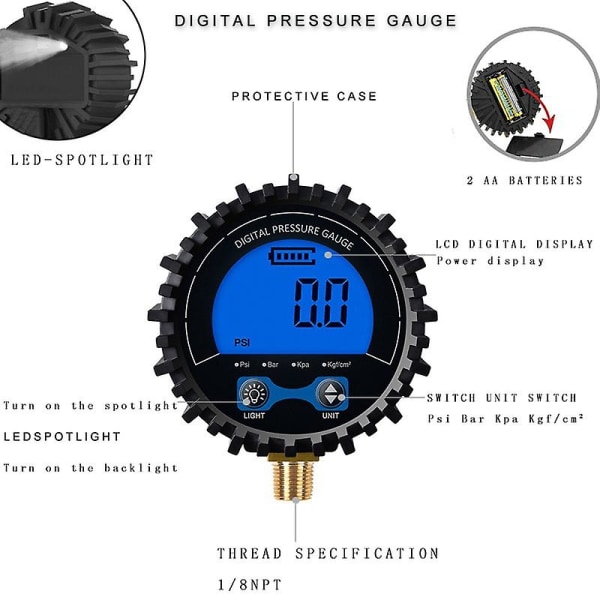 Digital Dekktrykksmåler Dekktester Display Lufttrykk Manometer Rask Kobling Koblingstråd