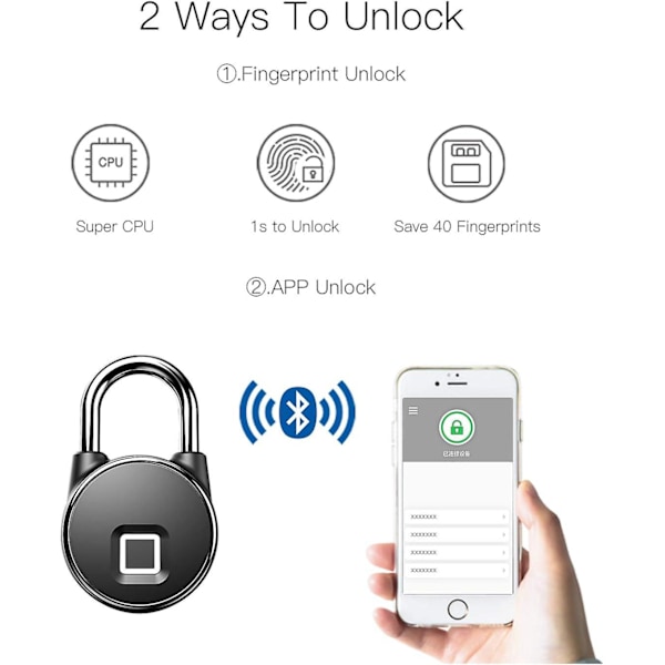 Fingeraftryk Vandtæt Nøglefri Bluetooth Smart Hænglås, Tyverisikker Sikkerhedshænglås Til Dør, Taske, Skuffe, Kuffert