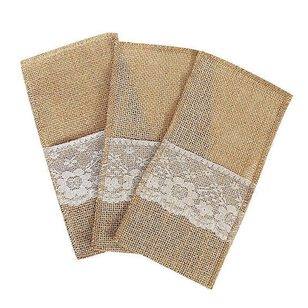 10 stk. Jute Sekk med Blonde Kniver Gafler Serviettposer