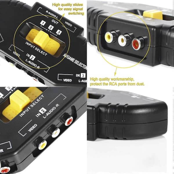 RCA Splitter med 3-vejs Audio, Video RCA Switch Box + RCA Kabel til at forbinde 3 RCA Udgangs enheder til dit TV Sort