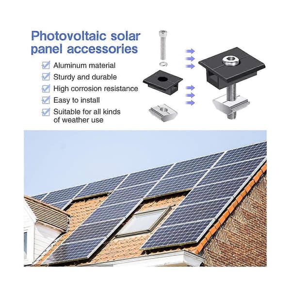 6-pack Centerklämma 30mm Svart T-formad Centerklämma Fotovoltaisk Justerbar Solpanel Centerklämma